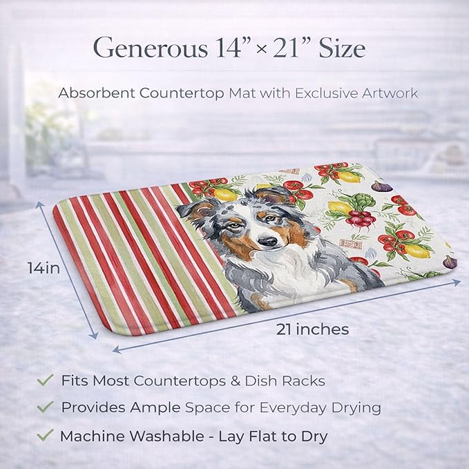 Caroline's Treasures Blue Merle American Shepherd Vegetables Dish Drying Mat Absorbent Dish Drying Mat Pad for Kitchen Counter Dish Drainer Mat for Countertop 14 x 21 Multicolor