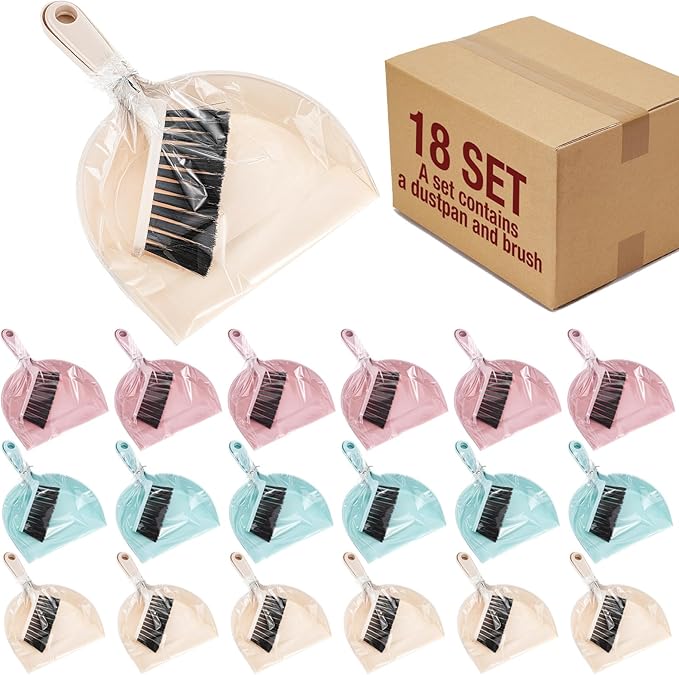 Sliner 18 Pack Mini Dustpan and Brush Set Plastic Dust Pans with Brush Small Broom and Dustpan Set Mini Broom Dust Pan for Home Office Kitchen Table Desktop Floor Cleaning Supplies(Blue PinkBeige)