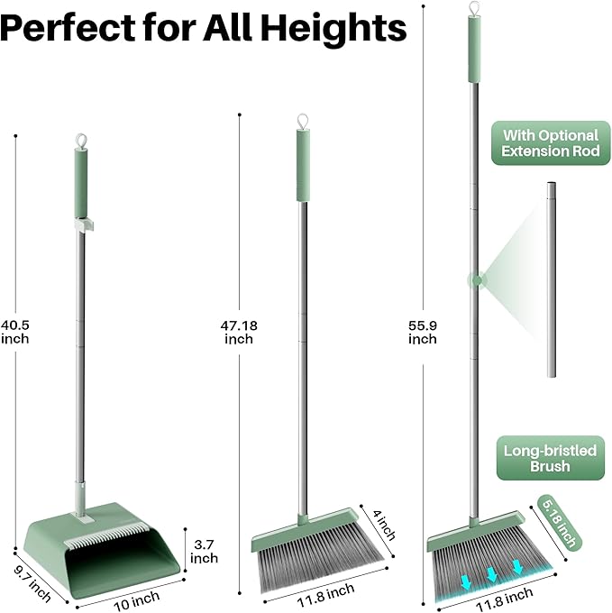JOYMOOP Dark Teal Green Broom and Dustpan Set Upright Angle with Built-in Comb Teeth Ideal for Home Office Hardwood Pet Hair