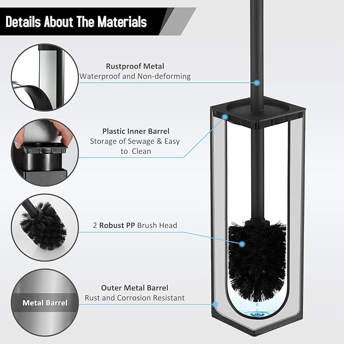 BGL Square Toilet Brush with HolderStainless Steel Rubber Painted Toilet Bowl Brush and Holder for Bathroom2 Cleaner Brush HeadsGold