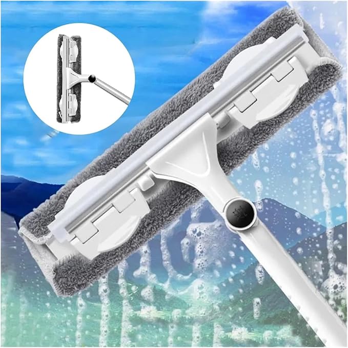 Telescopic Rod Glass Cleaning Mop – Long Handle Window Wiper &amp Washer Tool with Brush Head for Household Use(Khaki 1 mop 2 Cloth)