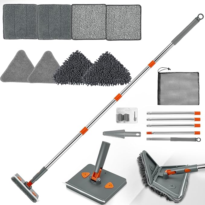Base Board Cleaner ToolWall Cleaning Mop with 360° Rotation 180° Folding Ceiling Duster Tool  Adjustable Long Handle for Effortless Walls WindowFloor - 8 Replacement Cleaning Pads