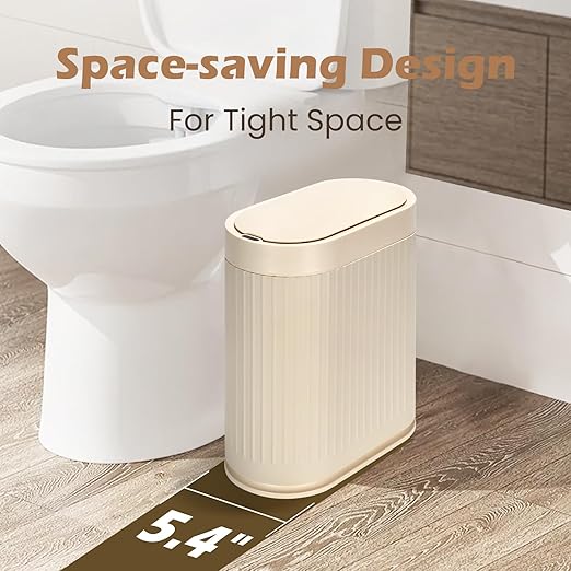 Bathroom Trash Can with Lid Automatic 2 Gallon Sensor Trash Bin 7.5 Liter Smart Rubbish Bin Motion Sensor Waterproof Bathroom Decor Plastic Narrow Garbage Can for Bedroom Office Beige