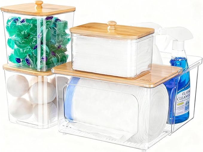 Trash Bag Dispenser Dishwasher Pod Holder - 5 in 1 Plastic Garbage Bag Under Sink Organizer Acrylic Dryer Sheet Balls Laundry Pods Container with Bamboo Lid Pantry Organizers and Storage Box