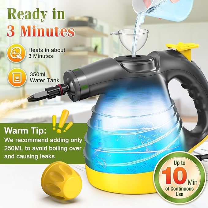 Handheld Steam Cleaner - 275°F High-Temp Fast Heating Multi-Surface Steamer for Cleaning 100% Chemical-Free Pet Safe Portable Steam Cleaner for Home/Bath/Window/Car Detailing/Upholstery/Couch/Grout
