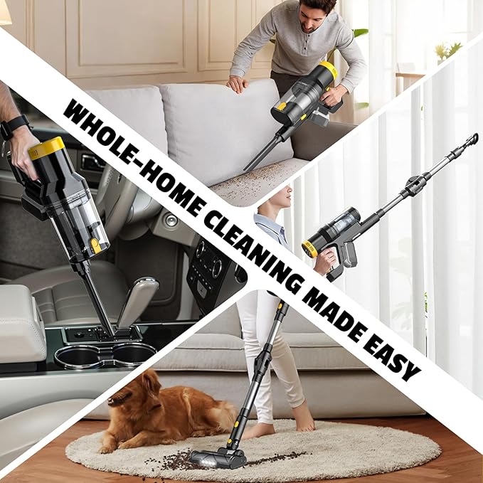 LIVOWALNY Cordless Vacuum Cleaner Compatible with DeWalt 20V Battery 350W Brushless 40kPa Suction 0.8L Dual Dust Cup LED Floor Brush &amp 180° Flex Wand for Hardwood &amp Carpet (Battery Not Incl
