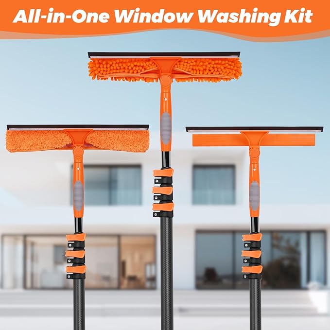 Window Squeegee with Carbon Fiber Extension Pole for Home 3.5 to 12Ft Window Cleaning Kit Tool Outdoor Lightweight Professional Window Washing Kit with Rotatable Head &amp 2 Scrubbers 2 in 1