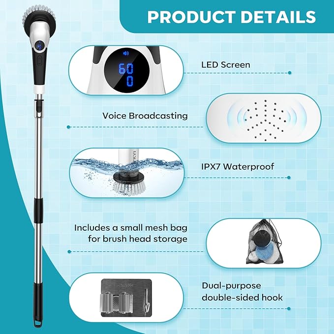 YKYI Electric Spin Scrubber-Cordless Power Scrubber with 8 Brush Heads 3 Speeds &amp Adjustable Long Handle IPX7 Waterproof Shower Cleaning Brush for Bathroom Tile Bathtub Grout Kitchen(Matte Wh