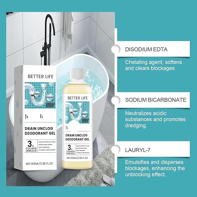 Drain Unclogging &amp Deodorizing Gel for Kitchen and Bathroom - Removes Hard Water Deposits Cleans and Deodorizes Pipes(2PCS)