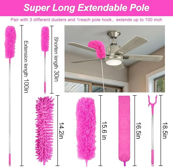 Microfiber Dusters for Cleaning Feather Dusters with Extension Pole Bendable &amp Washable Dusters for High Ceiling Fan Blinds Cars Furniture Cleaning Tools Kit Pink Gift for Women (15 PCS)