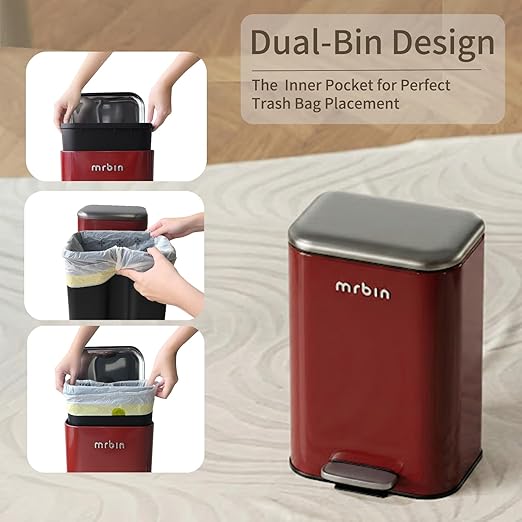 Metal Bathroom Trash Can with Stainless Steel Lid 23l / 6.1gal Covered Step Toilet Waste Basket Soft Close Rectangle Garbage Can with Inner Bucket for Medium Bedroom Near Desk Kitchen Office Red