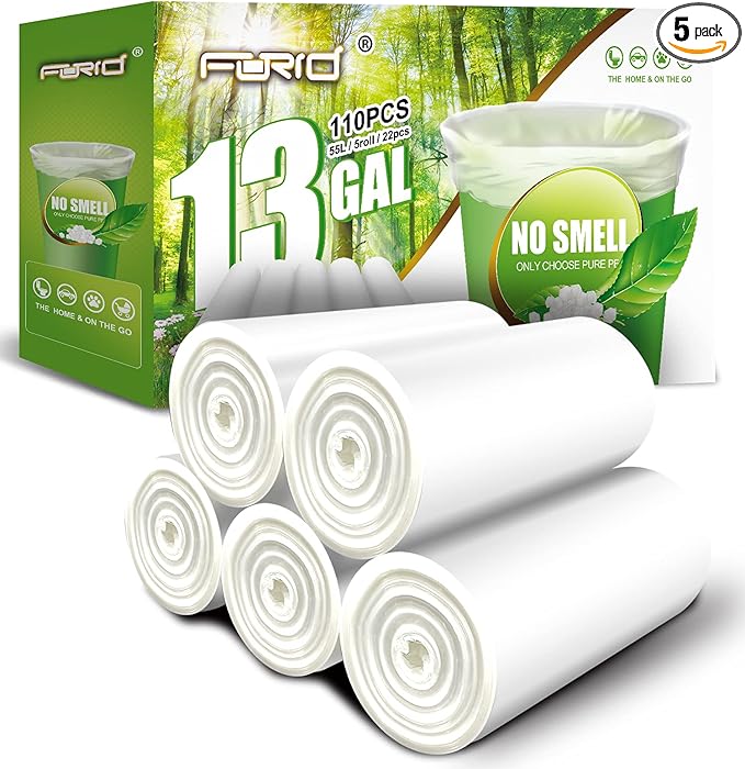 FORID 13 Gallon Trash Bags - Clear Plastic Garbage Bags Medium Tall Trash Can Liners for Kitchen Office Home Waste Bins Unscented One Box with 5 Roll 110 Count 55 Liter - Thick &amp Durable Trash Bag