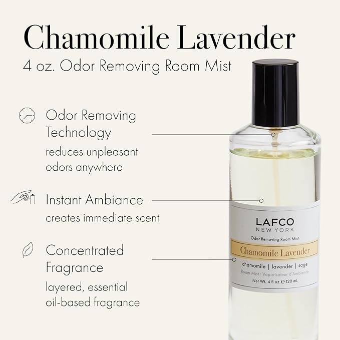 LAFCO New York Odor Removing Room Mist Chamomile Lavender - 4 oz - Eliminates Unpleasant Scents &amp Provides Luxurious Fragrance - Up to 750 Pump Sprays Per Bottle - Made in the USA