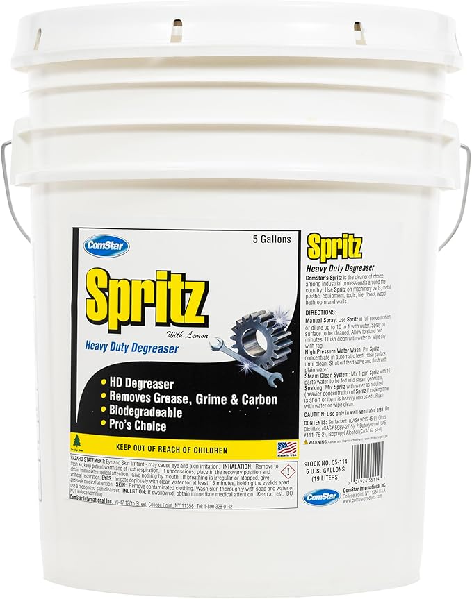 ComStar Spritz Heavy Duty Degreaser 5 Gallon Industrial Oil &amp Grease Cleaner Removes Carbon Dirt &amp Grime Ideal for Machinery Tools Floors &amp Household Surfaces Multi-Purpose Cleanin