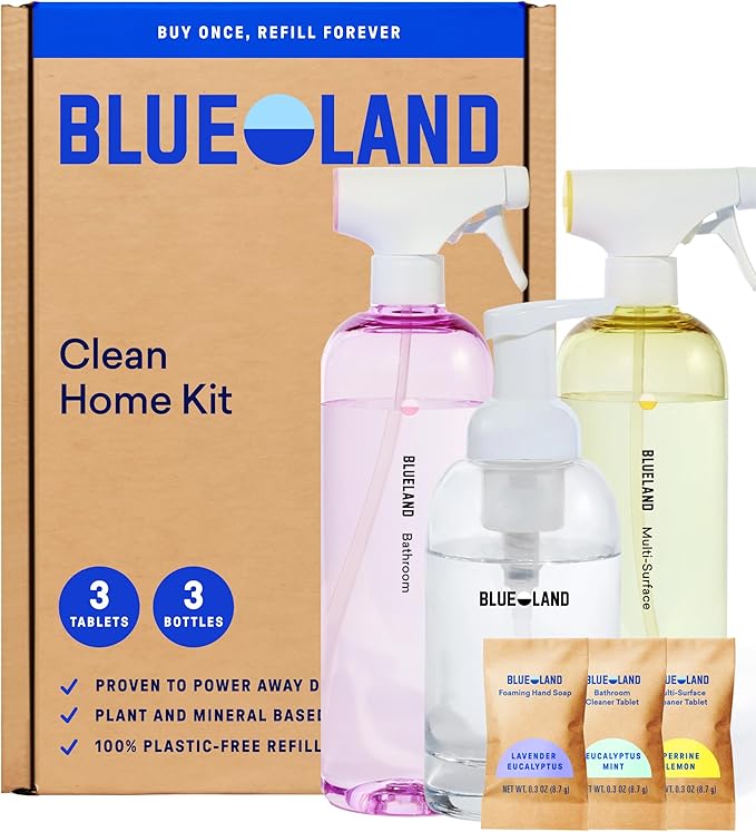 BLUELAND Clean Home Kit 3 Reusable Bottles with 3 Tablets Makes 1 Bottle Each of Foaming Hand Soap Multi-surface Cleaner Bathroom Cleaner