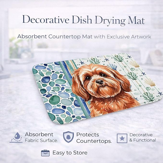 Caroline's Treasures Red Lhasa Apso Coastal Sea Glass Dish Drying Mat Absorbent Dish Drying Mat Pad for Kitchen Counter Dish Drainer Mat for Countertop 14 x 21 Multicolor