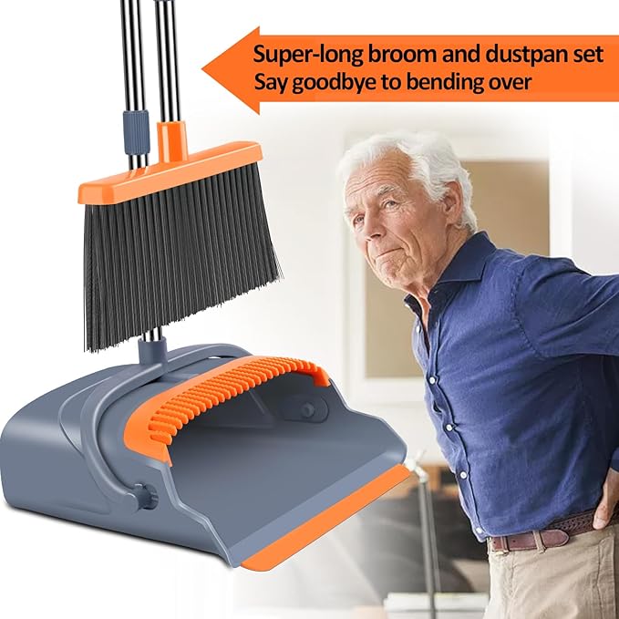 kelamayi Upgrade Broom and Dustpan Set Self-Cleaning with Dustpan Teeth Indoor&ampOutdoor Sweeping Ideal for Dog Cat Pets Home Use Stand Up Broom and Dustpan (Gray&ampOrange)