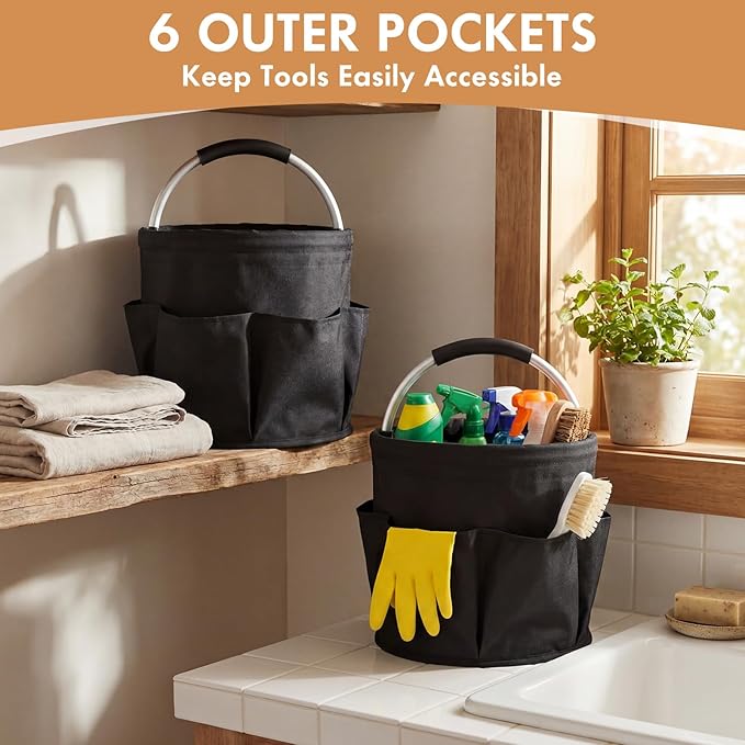 LemonRoad 4 Pack Cleaning Caddy with Handle 17L Foldable Cleaning Supplies Organizer Oxford Cloth Storage Basket with 6 Pockets &amp Soft Grip Portable Multi Bucket Bag for Home Garden (Black)