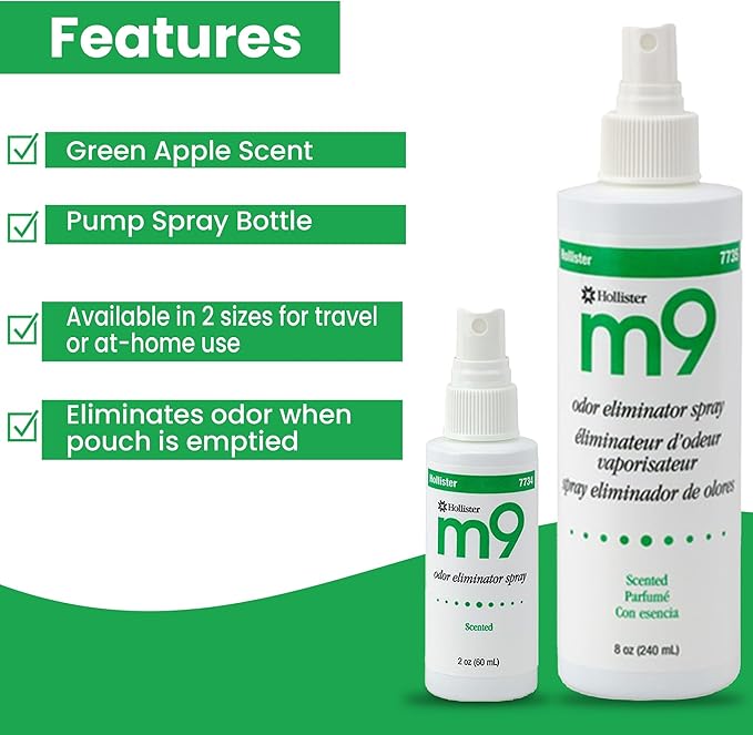 Hollister 7735 m9 Odor Eliminator Spray Green Apple Scent 8 oz Bottle 6 Pack – Ostomy Spray Ostomy Supplies Odor Neutralizer