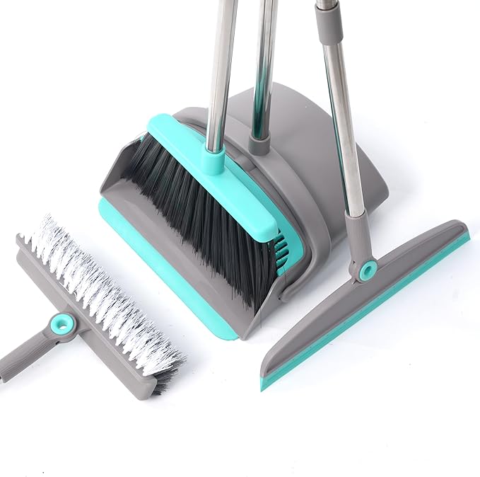 Broom with Dustpan Combo Set Silicone Broom Squeegee and Scrub Brush Set with Long Adjustable Handle for Indoor &amp Outdoor Sweeping and Scrubbing Ideal for Pet Hair Liquids and Dirt