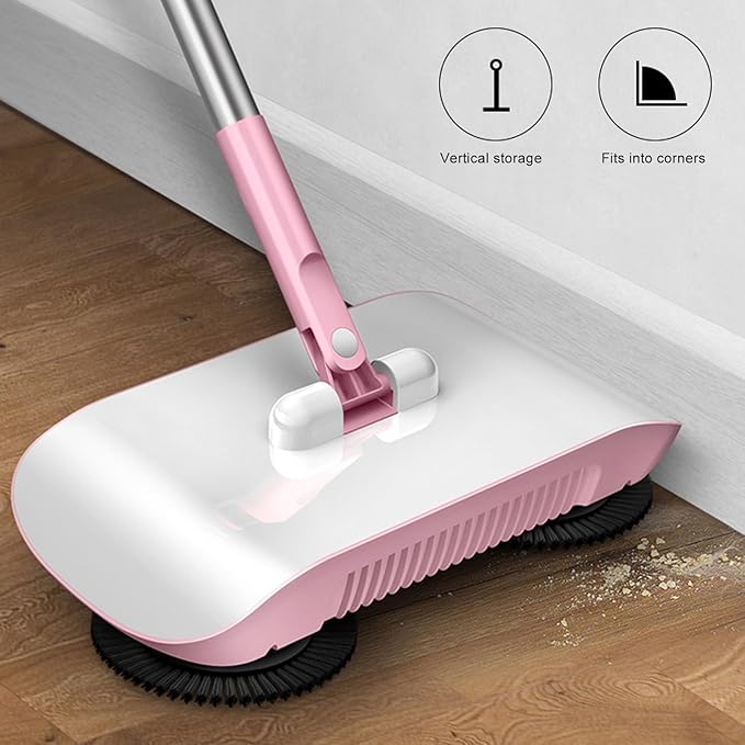 Hand Push Floor Sweeper 2 in 1 Vacuum Cleaner Household Sweeper Mopping Machine 180 Degree Rotating Electric Floor Mops for Wooden Marble Tile (Pink)