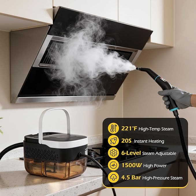 Dyna-Living Steam Cleaner 1500W Engine Steam Cleaner Handheld High Pressure Steam Cleaner for Cleaning Car Steamer with 42.2 oz Tank Portable Steamer for Car Detailing Home Floor Carpets Tile