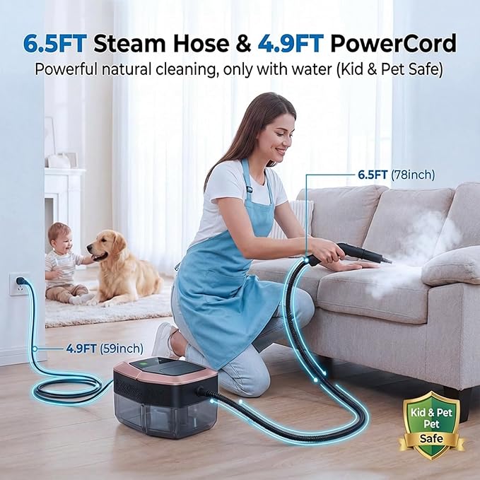 Steam Cleaner 3 Level Adjustable Pressurized Steam Cleaner for Home 10s Heat-Up Handheld Steamer for Cleaning 1.9 Qt Tank Portable Steam Cleaner for Car Home Tile Grout (Black)