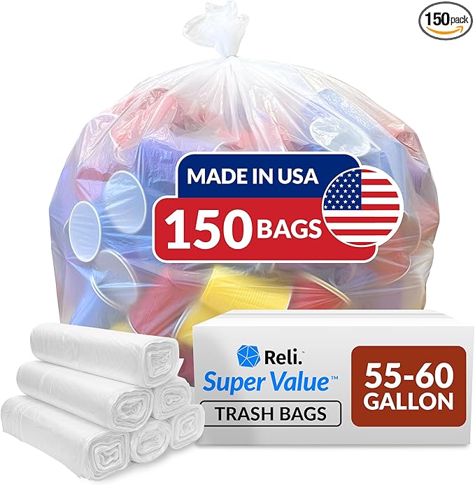 Reli. Easy Grab Trash Bags 55-60 Gallon (150 Count) (Clear) - Star Seal Super High Density Rolls - Heavy Duty Can Liners Garbage Bags Bulk Bags - 50 55 60 Gallon Capacity