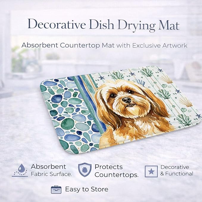 Caroline's Treasures Gold Lhasa Apso Coastal Sea Glass Dish Drying Mat Absorbent Dish Drying Mat Pad for Kitchen Counter Dish Drainer Mat for Countertop 14 x 21 Multicolor