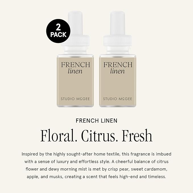 Pura x Studio McGee Home Scent Refill - Smart Air Diffuser - Up to 120-Hours of Luxury Fragrance per Refill - Home Essential - Clean &amp Safe Diffuser Fragrance - 2 Pack French Linen