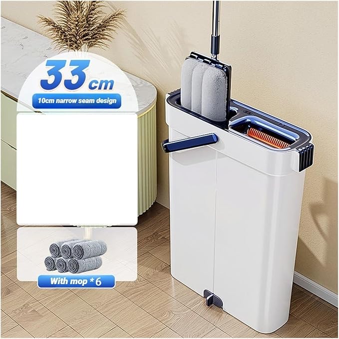 Spin Hand Free Flat Mop 33cm with Bucket Set Floor Cleaning Wet&ampDry System Separation for Living Room Toilet Home Mops(33cm-Bucket-6-Mop)