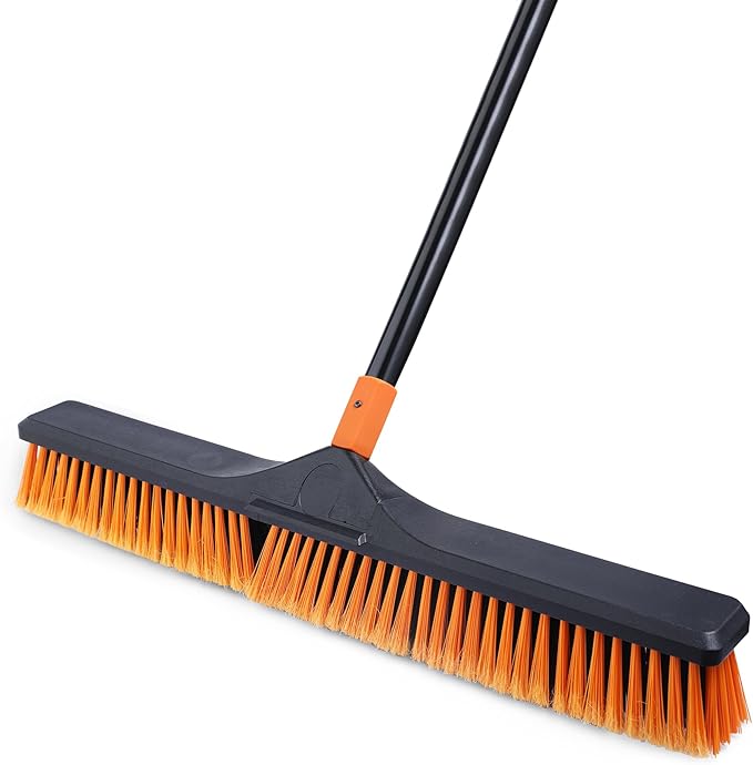 24”Push Broom Brush for Floor Cleaning with 65” Long Handle and Stiff Bristles Heavy Duty Brush for Shop Deck Garage ConcreteIndoor and Outdoor BroomOrange