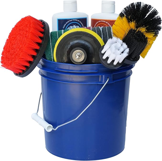 Complete Hard Water Stain Drill Cleaning Kit – 20 Piece Diamond Shine Set with Drill Brushes Bucket &amp lid Scouring Pads &amp Cleaner for Tile Bathroom Hard Water Shower Glass &amp Chrome