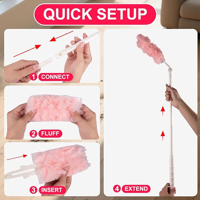 ITTAR 30 Count Duster Refill kit Dust Cleaning Supplies with Extension Pole Fan Feather Dusters with 2 Types Handle for Cleaning Home Celling Fan Blinds Furniture Vent &amp Shelves-Pink