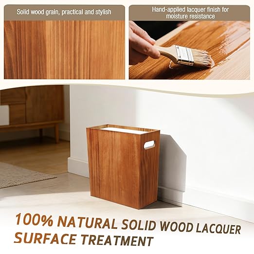 3 Gallon Wood Trash Can Solid Wooden Trash Can with Plastic Liner Handmade Slim Small Trash Can with Handle Fits Narrow Spaces Decorative Wastebasket for Bathroom Bedroom Office Kitchen
