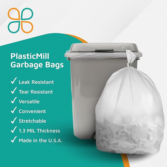 PlasticMill Heavy Duty Trash Bags - Clear Garbage Bags - Plastic Trash Bags - Tall Trash Bags Trash Can Liners - 33-Gallon Large Kitchen Trash Bags 1.3 Mil 33x39 (50-Count)