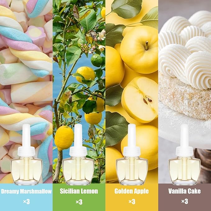 Plug In Refills Air Freshener Dreamy Marshmallow Sicilian Lemon Golden Apple Vanilla Cake for Home and Bathroom 7.92 Fl Oz 12 Count Compatible with Air Wick &amp Glade Not Include Glade Plus
