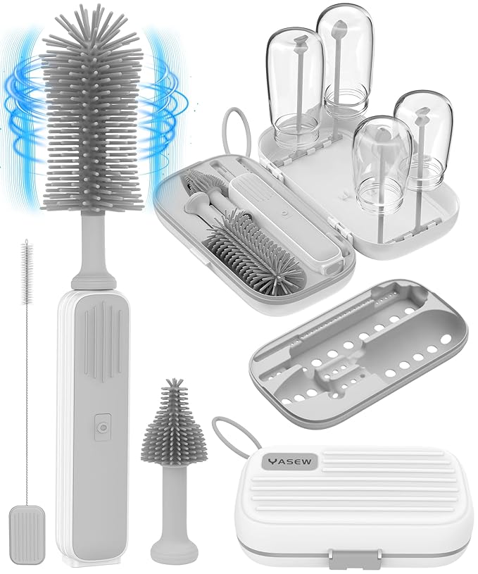 Electric Baby Bottle Brush Cleaner for Travel – BPA-Free Silicone One-Button 360° Deep Cleaning 2000mAh Rechargeable Portable Bottle Cleaning Kit with Storage Box for Home &amp On-The-Go (Grey)