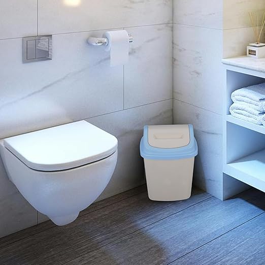 Bathroom Trash Can with Lid 12L Small Square Flip-Top Waste Bin for Kitchen Home Office White and Blue Plastic Garbage Can for Bathroom Wastebasket