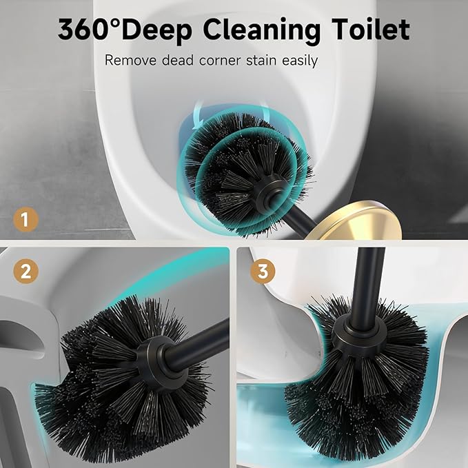 Brushed Gold Toilet Brush and HolderExtra Long Handled Toilet Brush for BathroomStainless Steel Heavy Duty Toilet Bowl BrushDeep Cleaning Modern Toilet Cleaner Brush -Space Saving Covered Brush