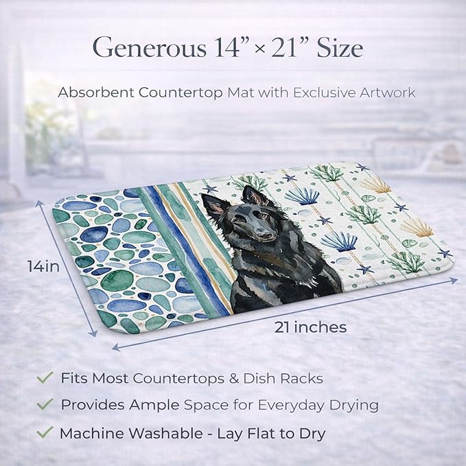 Caroline's Treasures Belgian Sheepdog Groenendael Coastal Sea Glass Dish Drying Mat Absorbent Dish Drying Mat Pad for Kitchen Counter Dish Drainer Mat for Countertop 14 x 21 Multicolor