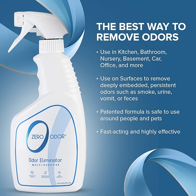 Zero Odor – Multi-Purpose Odor Eliminator 128 Oz - Patented Technology for Bathroom Kitchen Fabric Closet- Smell Great Again 16oz
