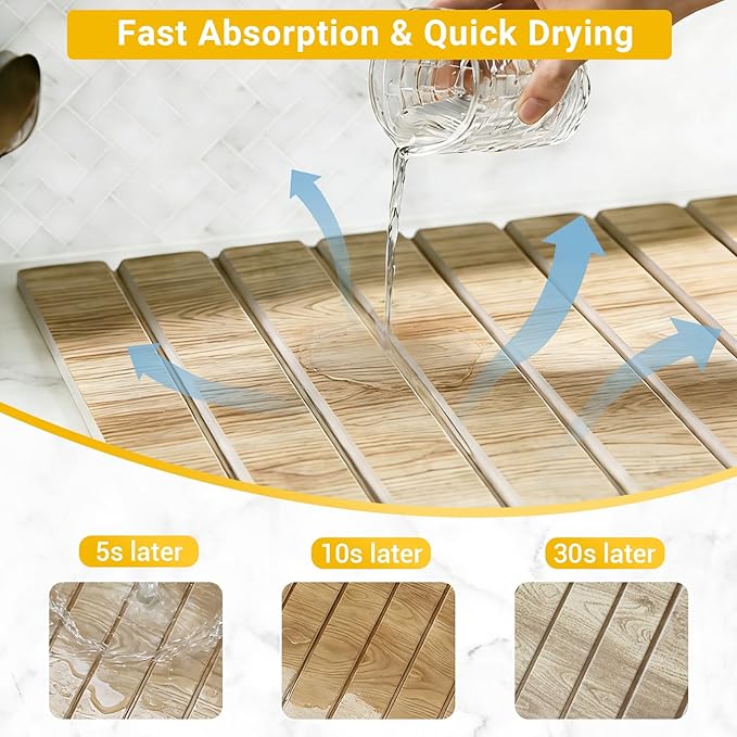 Dish Drying Mats Large 24x16 Inch Diatomaceous Earth Drying Mat / Fast-AbsorbingNon-Slip Stone Drying Mat For Kitchen Counter / Eco-Friendly for Dishes(Dark wood grain)