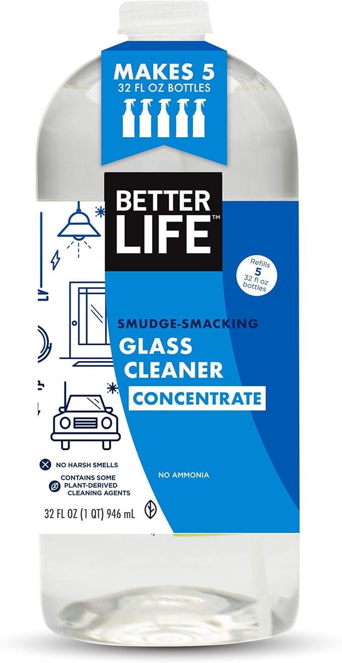 BETTER LIFE Glass Cleaner Concentrate - Streak-Free Window Cleaner for Home Kitchen Bathroom Shower Car - Works on Glass Windows Mirrors Light Fixtures - 32oz Unscented