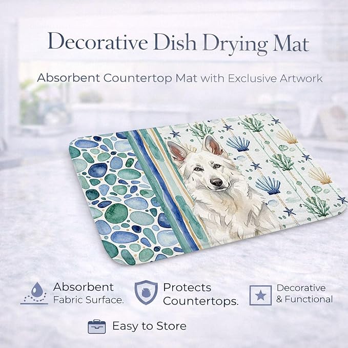 Caroline's Treasures White German Shepherd Coastal Sea Glass Dish Drying Mat Absorbent Dish Drying Mat Pad for Kitchen Counter Dish Drainer Mat for Countertop 14 x 21 Multicolor