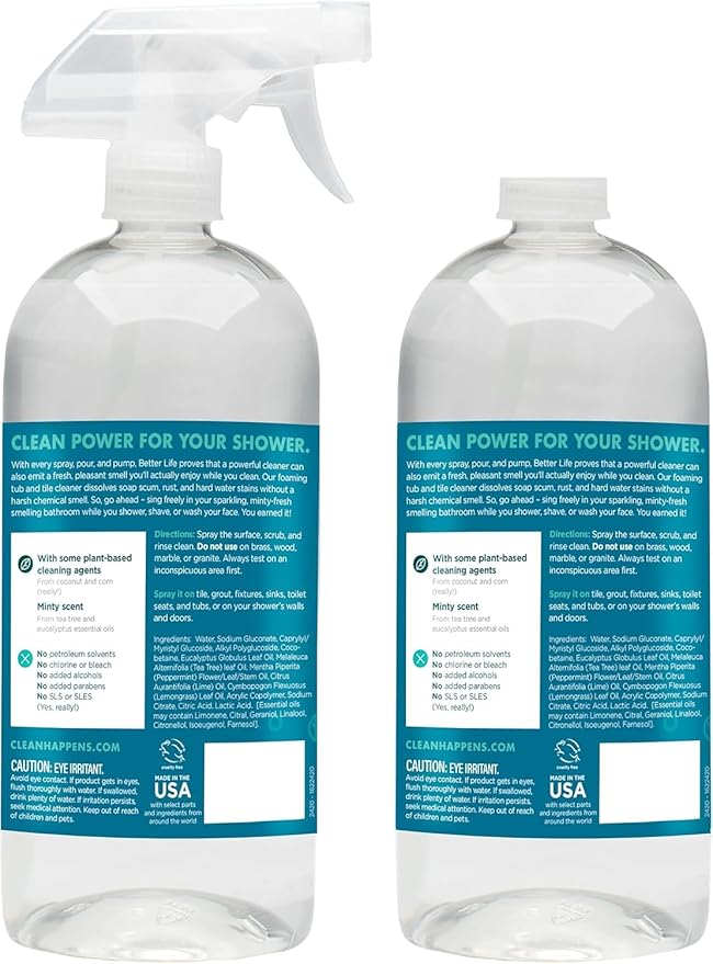 BETTER LIFE Bathroom Cleaner - Tea Tree Bathtub &amp Shower Cleaner Spray for Glass and Tile - Foaming Mold and Mildew Remover for Tub Works on Hard Water Stains - 32oz (Pack of 2)