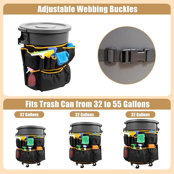 Trash Can Caddy Bag 1680D waterproof and easy-to-clean fabric fits for 32-55 Gallon Garbage Bin with Adjustable Buckle Multi-Pocket Garbage Bin Caddy Organizer Orange Edge