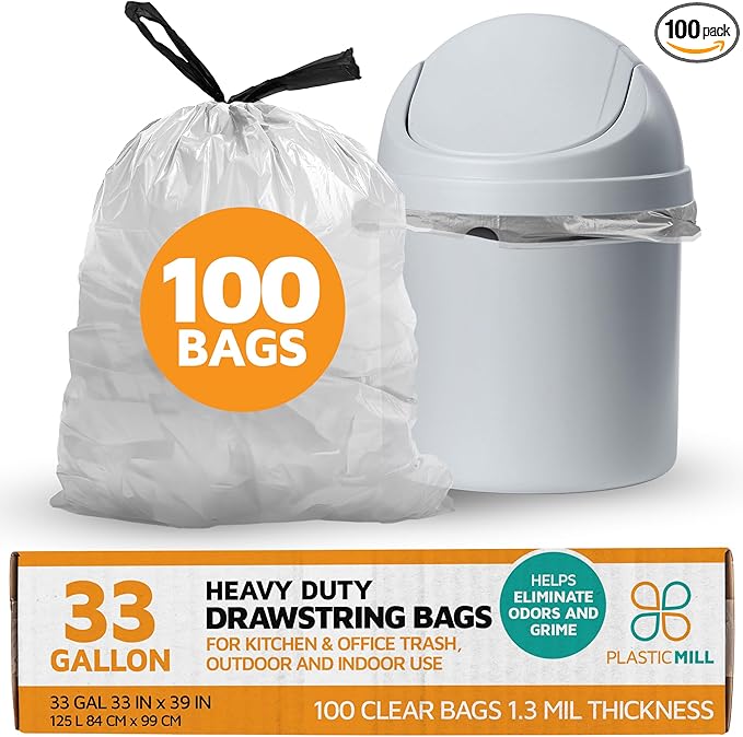 PlasticMill Drawstring Trash Bags - Clear Garbage Bags - Plastic Trash Bags - Tall Trash Bags Trash Can Liners - 33-Gallon Large Kitchen Trash Bags 0.9 Mil 33x39 (100-Count)