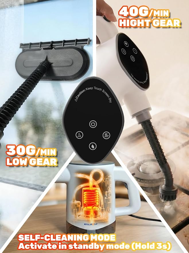 Killrose Handheld Steam Cleaner Pressurized Steam Cleaner with 10–15s Fast Heat Dual Power Modes &amp Self-Clean Multi-Surface Steamer with 12 Accessories for Kitchen Bathroom Car