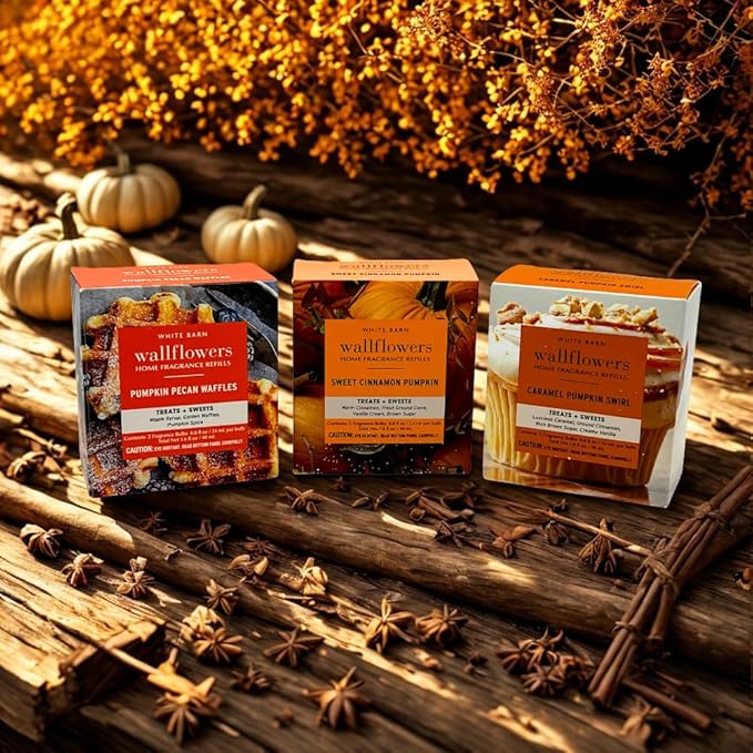 Bath &amp Body Works Wallflowers Refills FALL PUMPKIN Collection 3-Fragrance Bundle with 40-Inch Autumn Plaid Ribbon Bow – Pumpkin Pecan Sweet Cinnamon &amp Caramel Swirl (2-Pack Each)